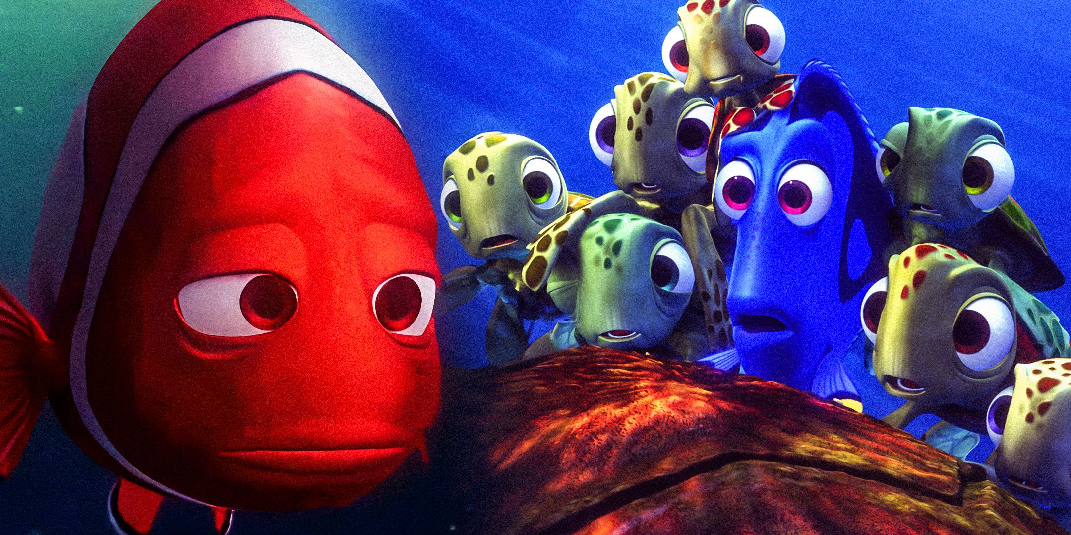 Finding Nemo sad Marlin next to Dory and the young turtles