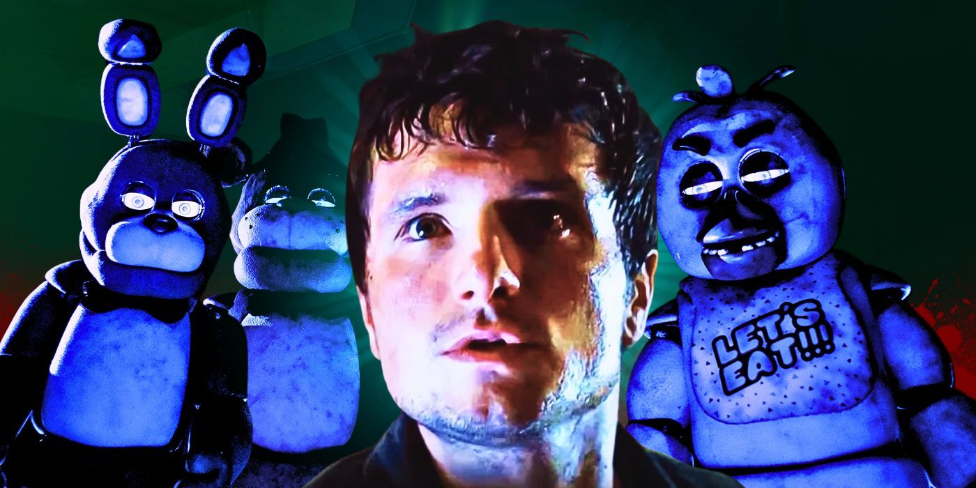 Bonnie, Freddy, and Chica surround Mike in the Five Nights at Freddy's movie.