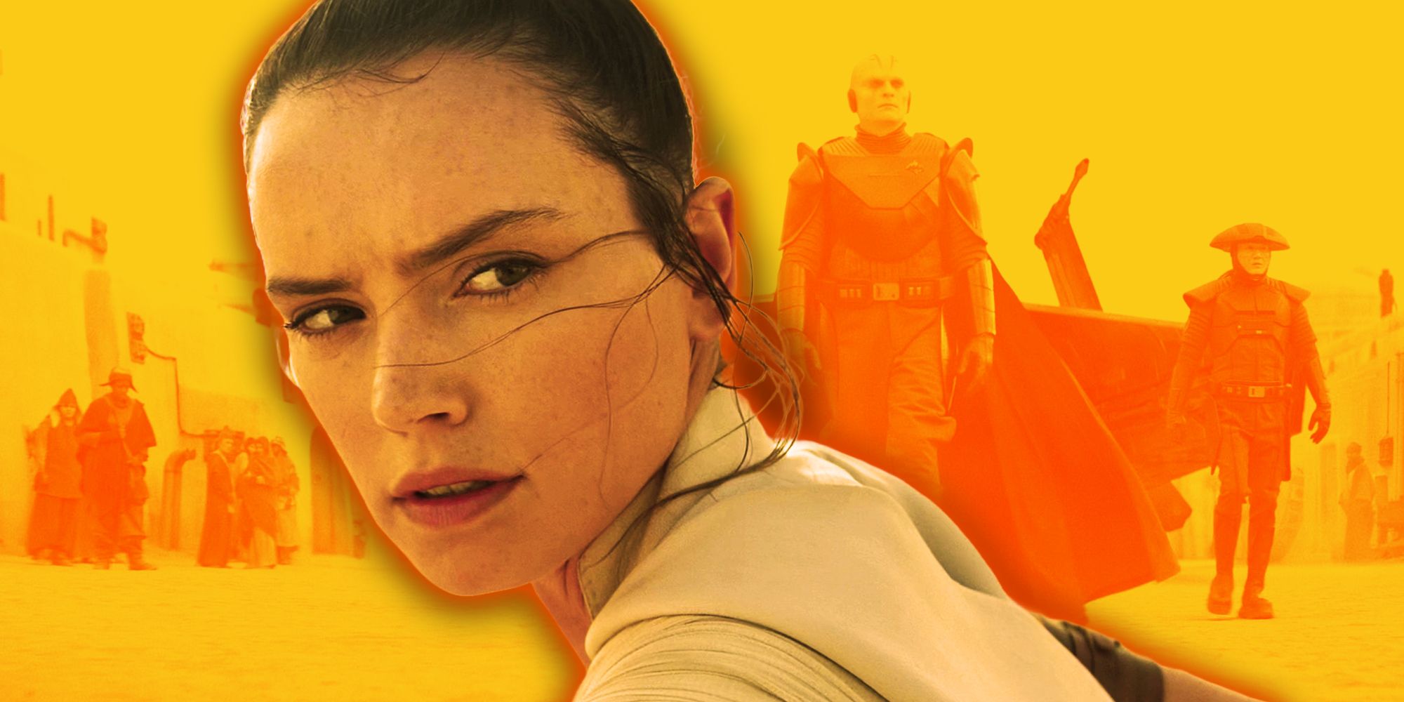 Daisy Ridley as Rey looking over her shoulder, with the Grand Inquisitor and his team in the background