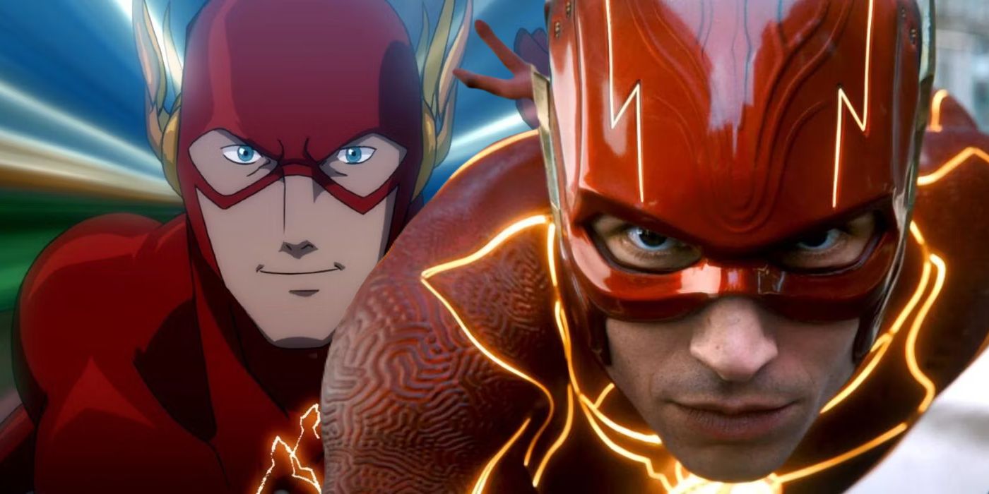 Flash from Flashpoint and The Flash (2023) both running and looking at the viewer