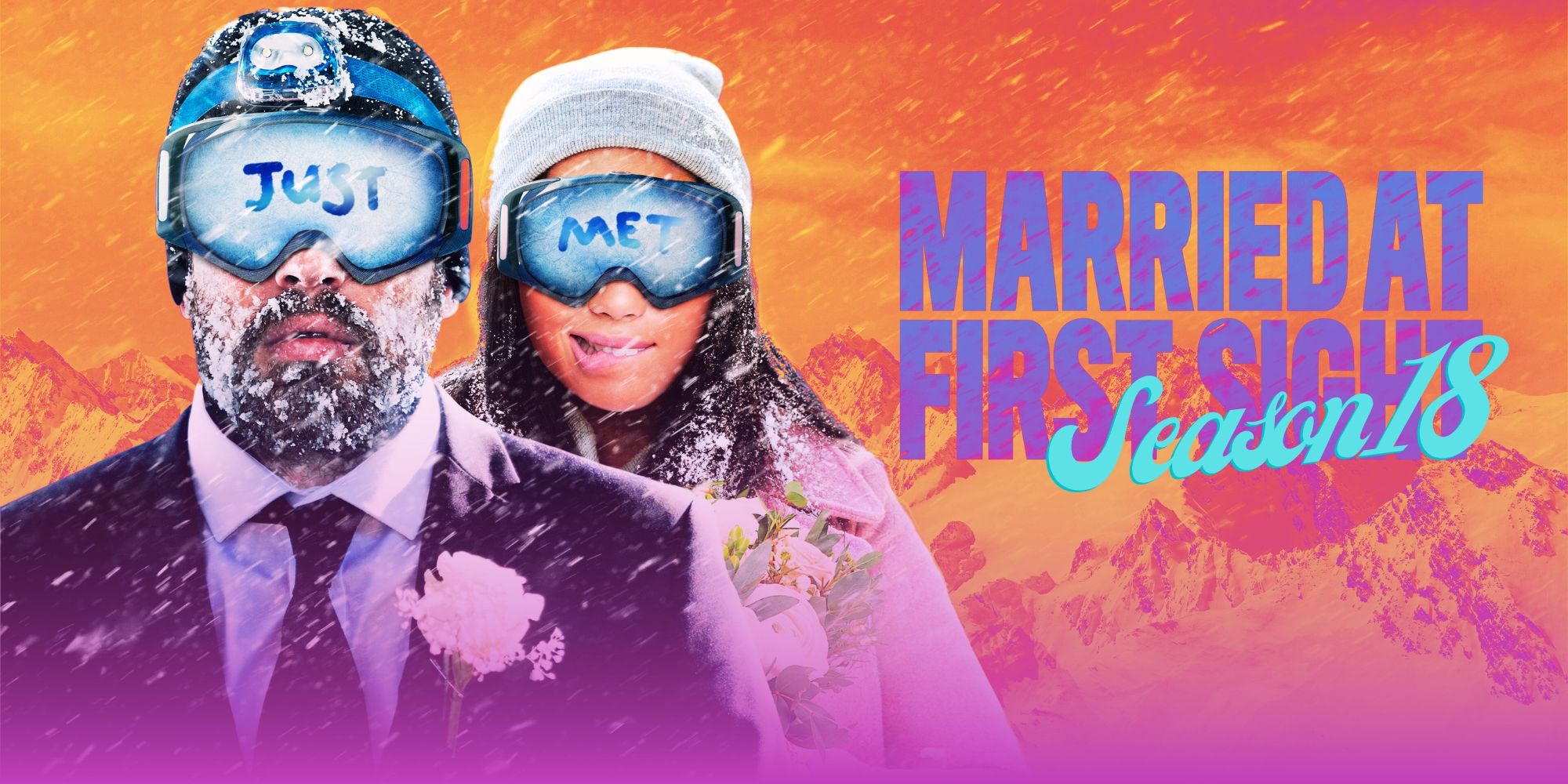 Logotipo da 18ª temporada de Married At First Sight com duas pessoas na neve com óculos de proteção