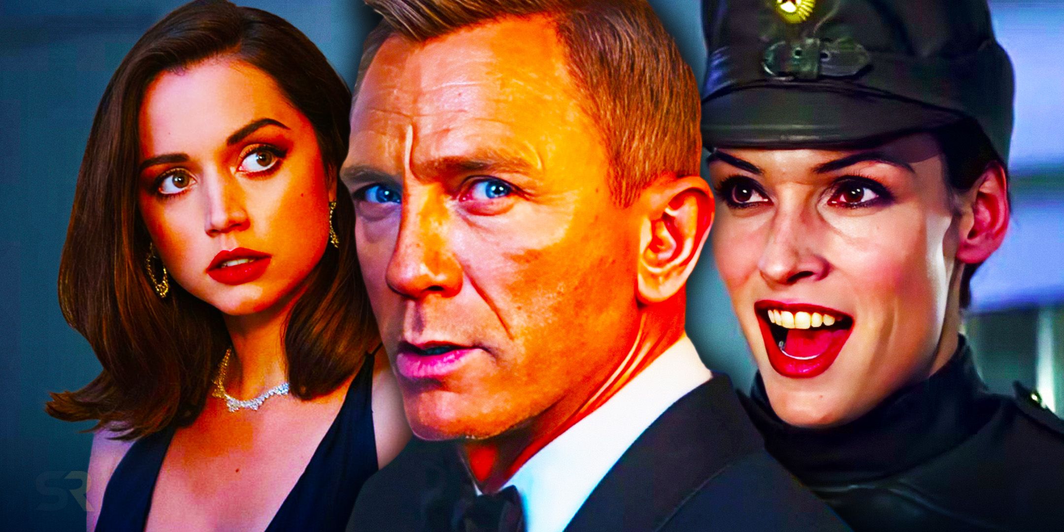 Daniel Craig as James Bond with Ana de Armas as Paloma and Famke Janssen as Xenia Onatopp