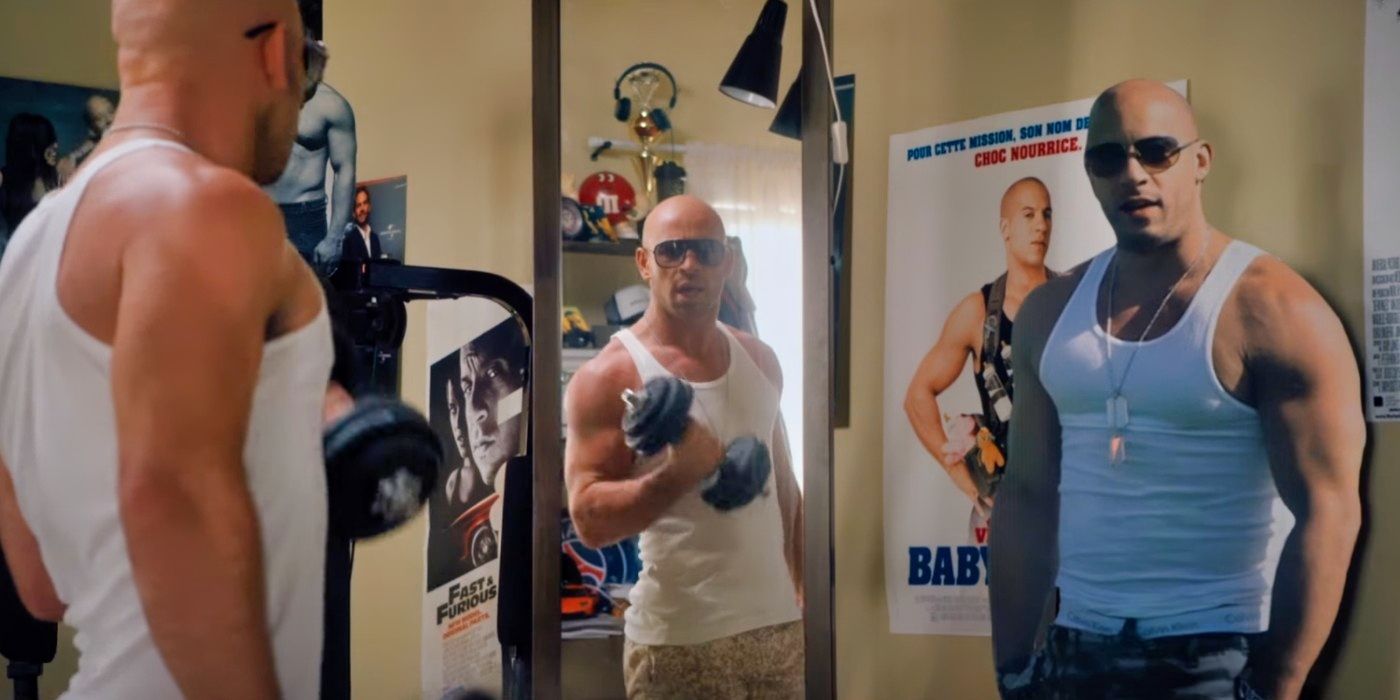 Franck Gastambide as Franky working out with Vin Diesel posters in 2016's Pattaya