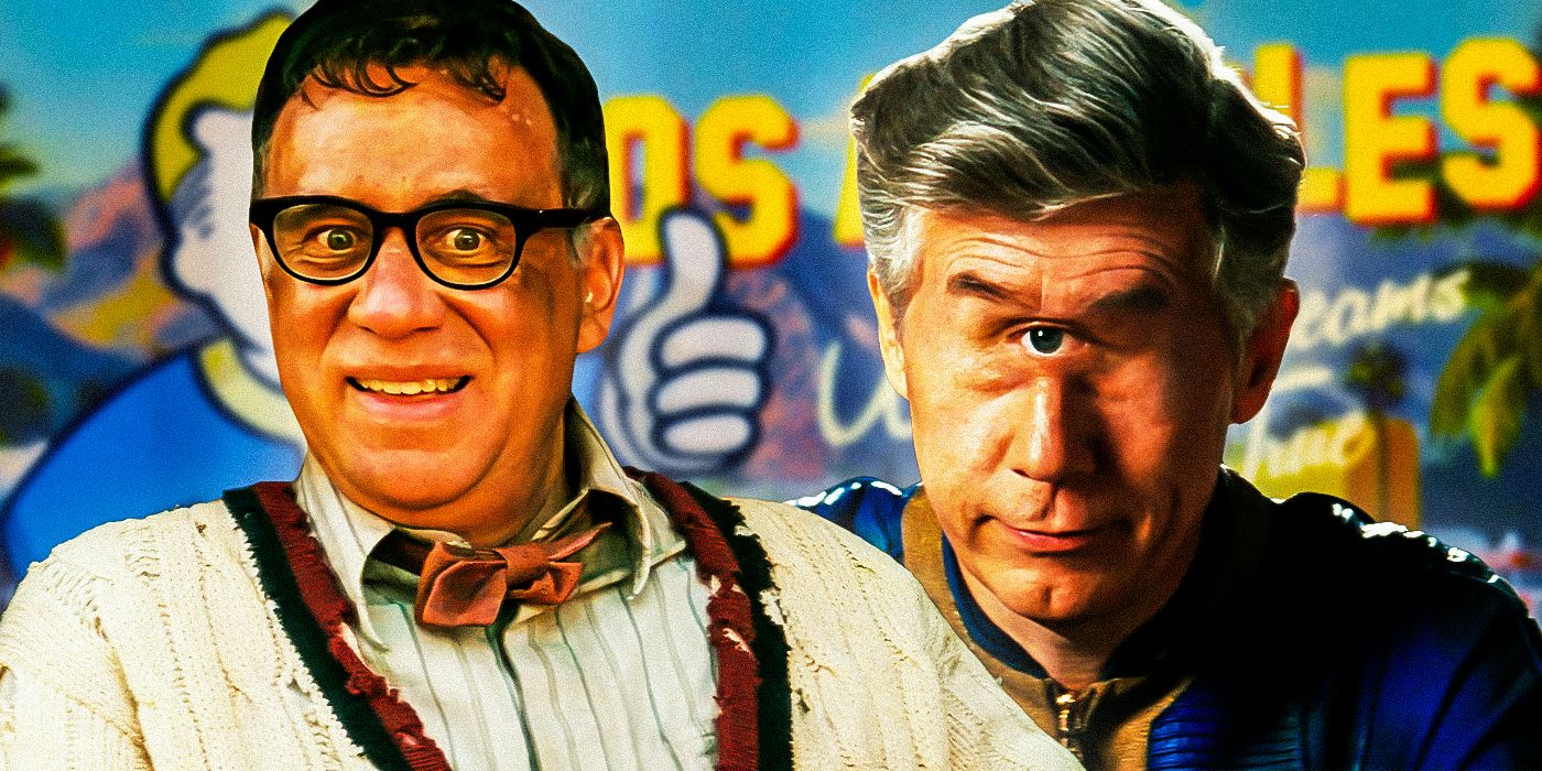 A custom image of Fred Armisen as DJ Carl and Chris Parnell as Overseer Benjamin against a backdrop of Fallout imagery