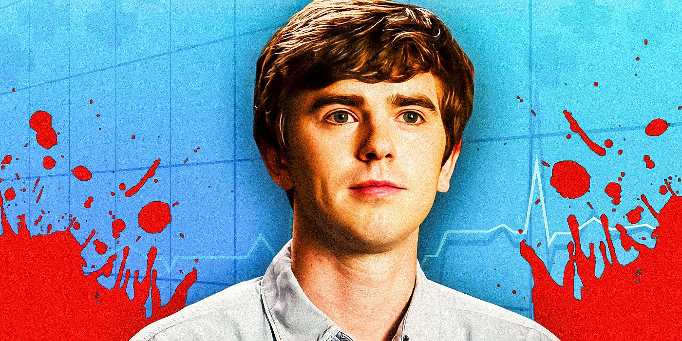 Freddie HIghmore as Dr. Shaun Murphy. Highmore's head and shoulders are visible and he is wearing a white shirt.He is standing against a blue wall that has red paint splatters on it resembling blood.
