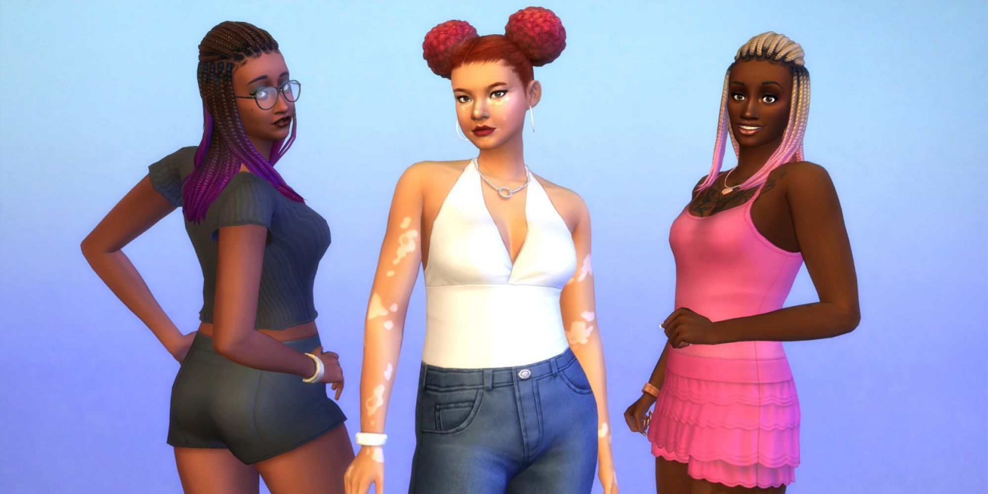 Three Sims standing together looking at the camera, the one on the left has black braids with purple tips and is wearing glasses and a black shirt and black shorts. The one in the middle has red hair and is wearing a white tank and blue jeans. The one on the right has blonde braids with pink tips and is wearing a pink dress.