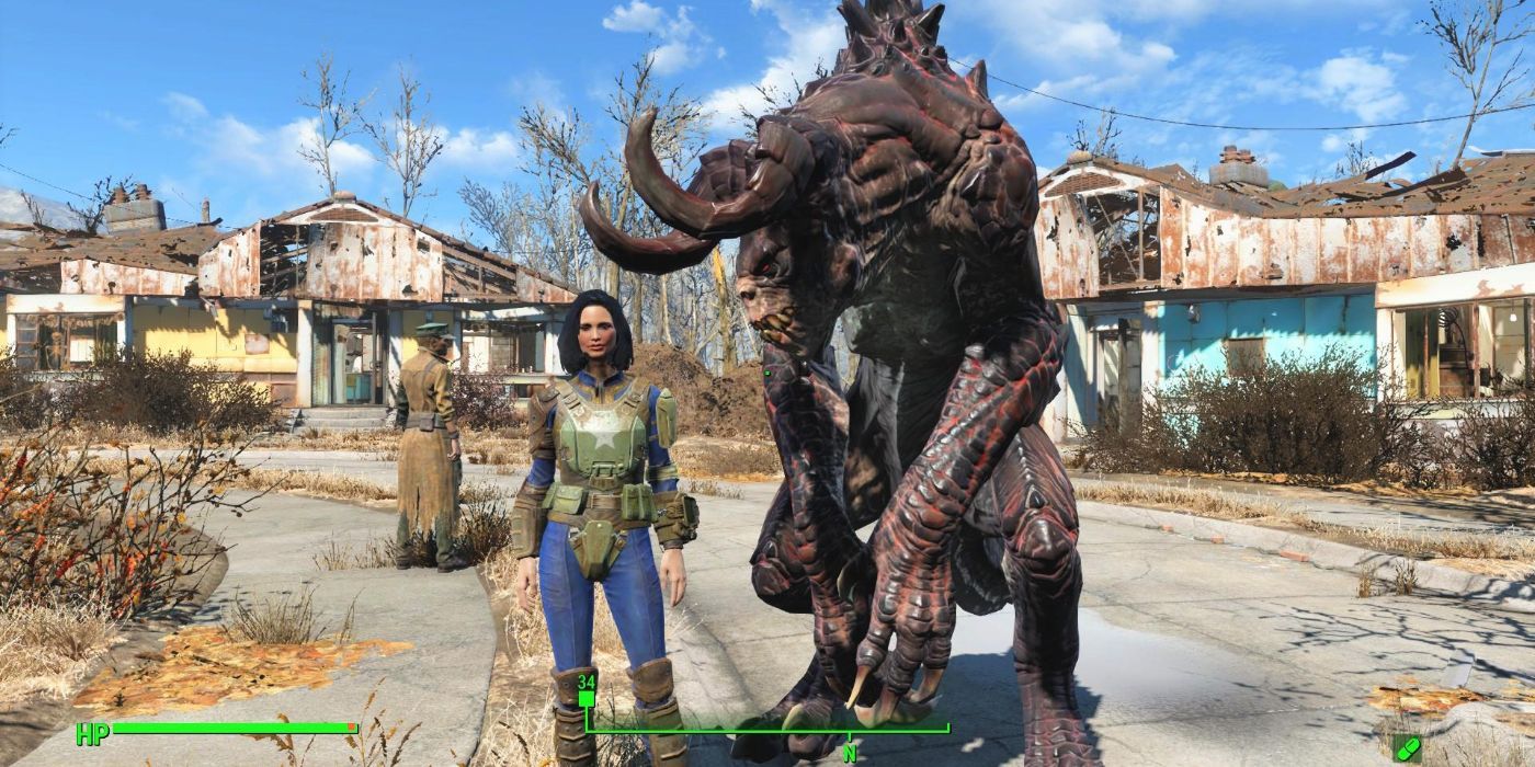 Deathclaw amigável ao lado do jogador na missão 'Devil's Due' em Fallout 4.