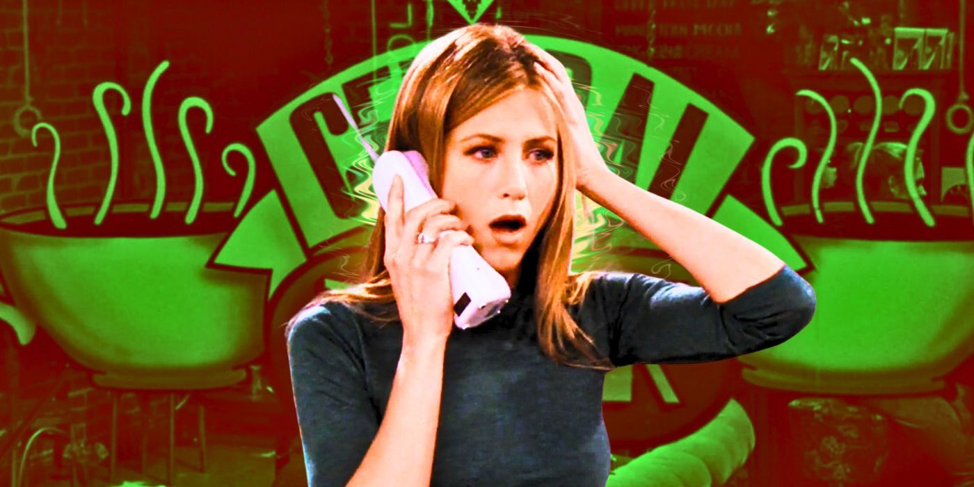 Friends Jennifer Aniston as Rachel talking on the phone with Central Perk in the background
