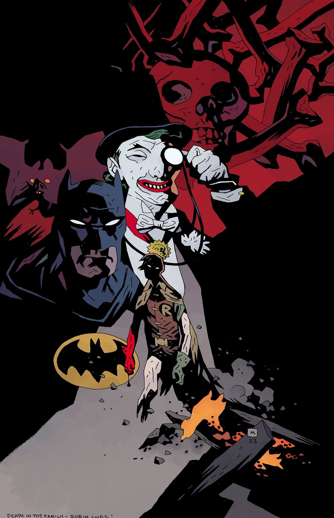 From the DC Vault Death in the Family Robin Lives 1 Mignola Variant Cover: the Joker, Batman, and Jason Todd Robin