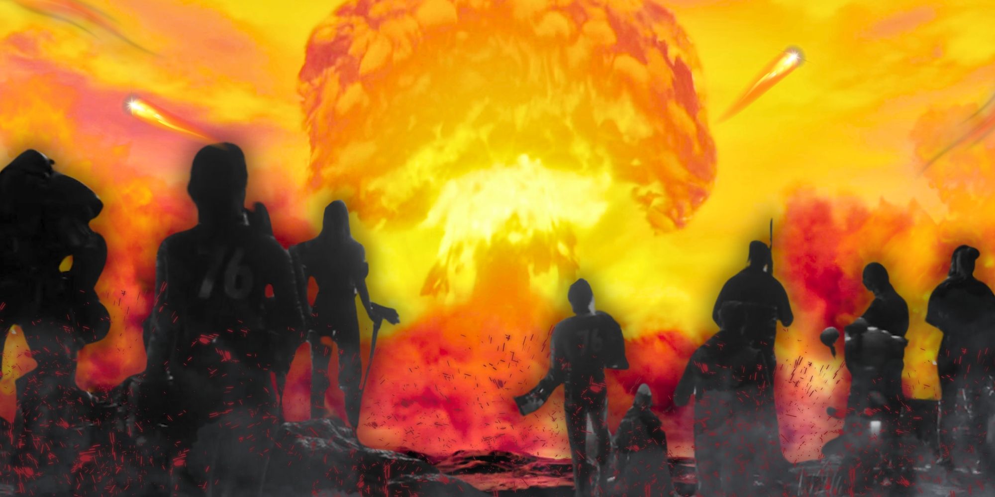 Black silhouettes face a bright nuclear explosion in the distance.