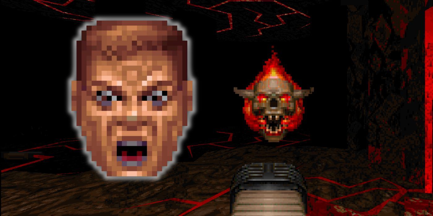 The Doom Guy screaming alongside a flaming skull