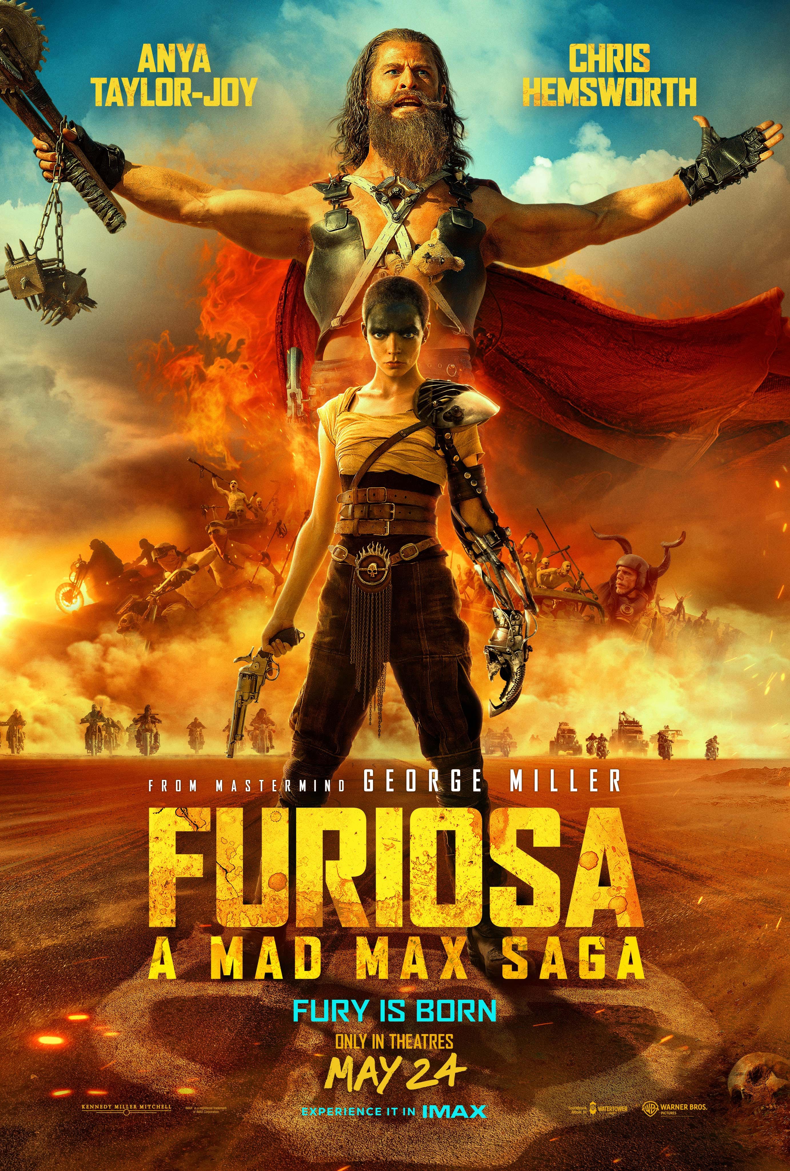 Furiosa A Mad Max Saga Poster Showing Anya Taylor Joy as Furiosa and Chris Hemsworth Standing in Front of a Motorcycle Gang