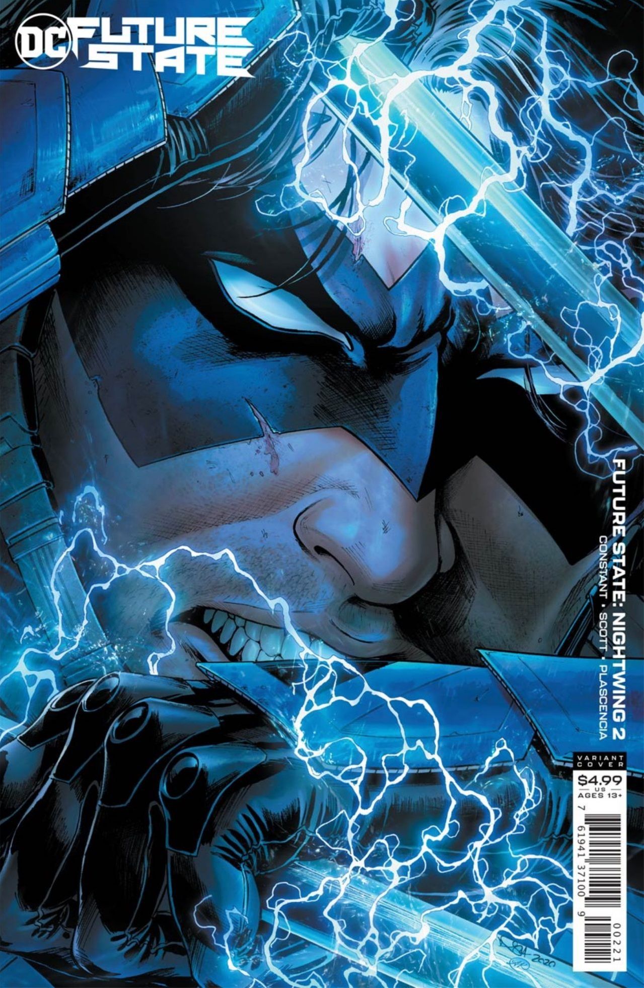 Asa Noturna segurando uma escrima eletrificada grudada perto de seu rosto na capa de Future State: Nightwing #2