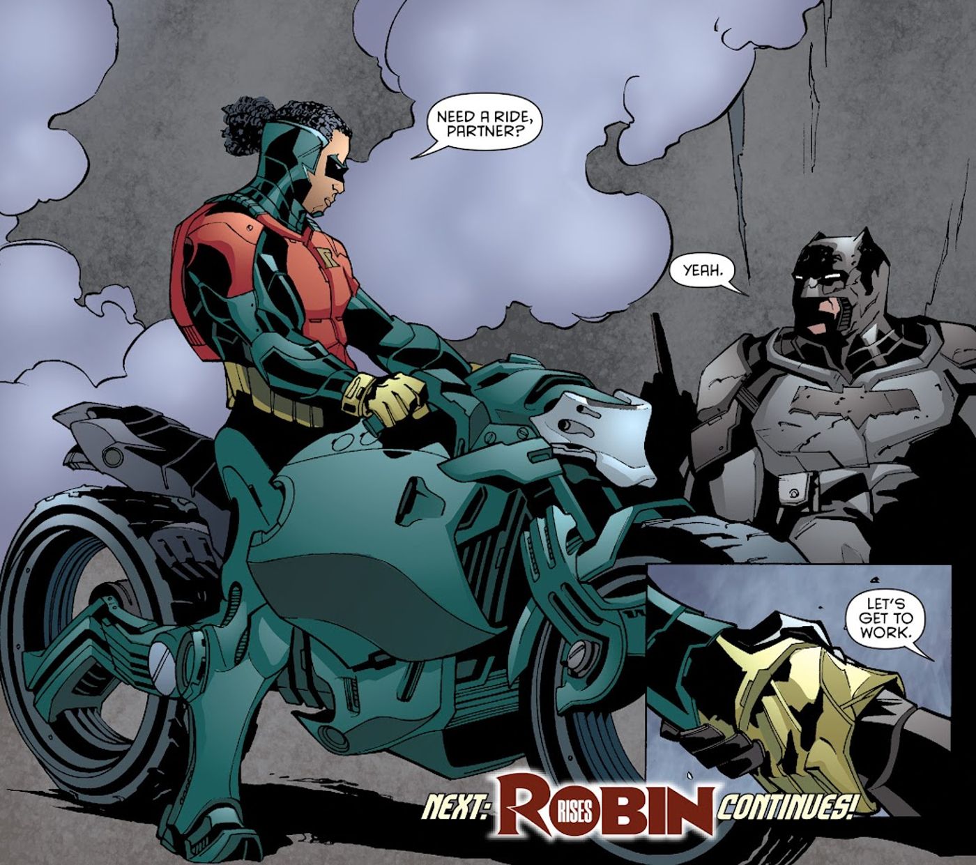Duke Thomas enquanto Robin está sentado em sua motocicleta blindada verde.  Futures End Batman está ao lado dele. 