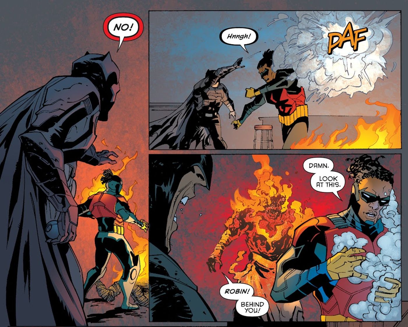 Batman observa Duke Thomas (como Robin) ser incendiado.  Duke apaga o fogo com a ajuda do pó extintor de Bruce. 
