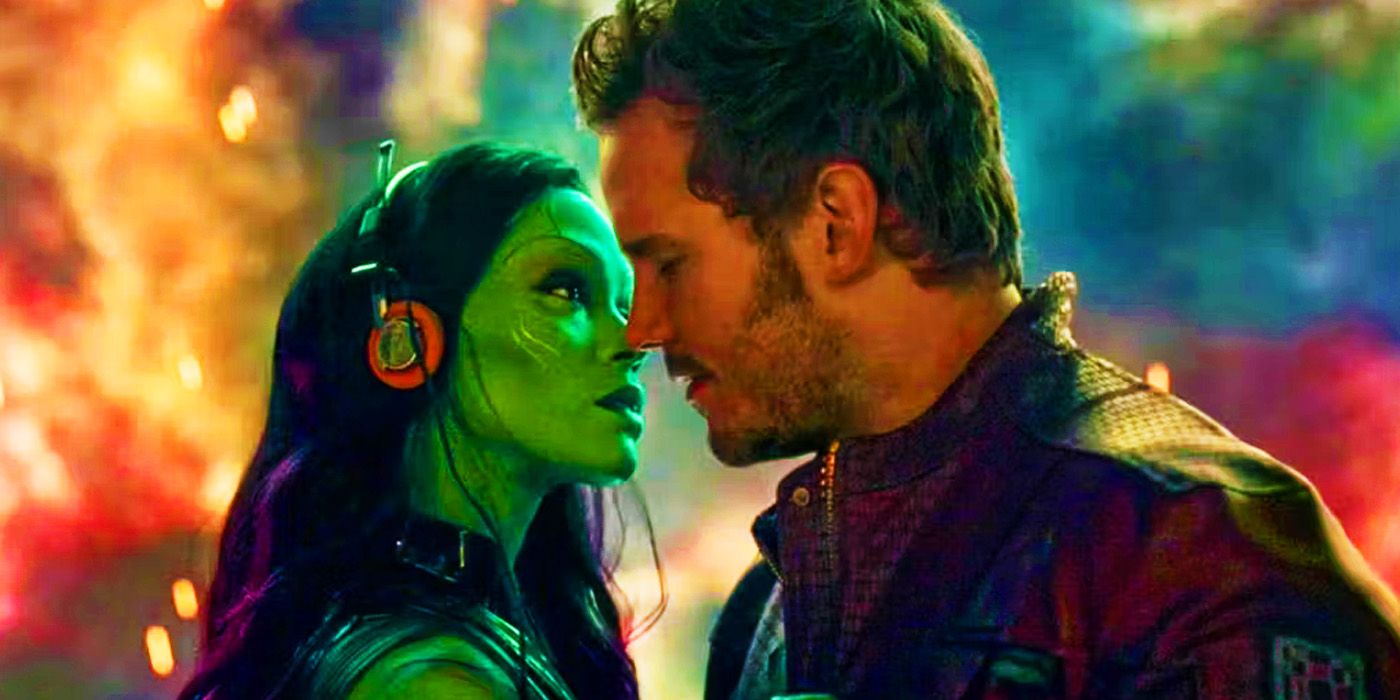 Gamora and Peter Quill about to kiss in Guardians of the Galaxy