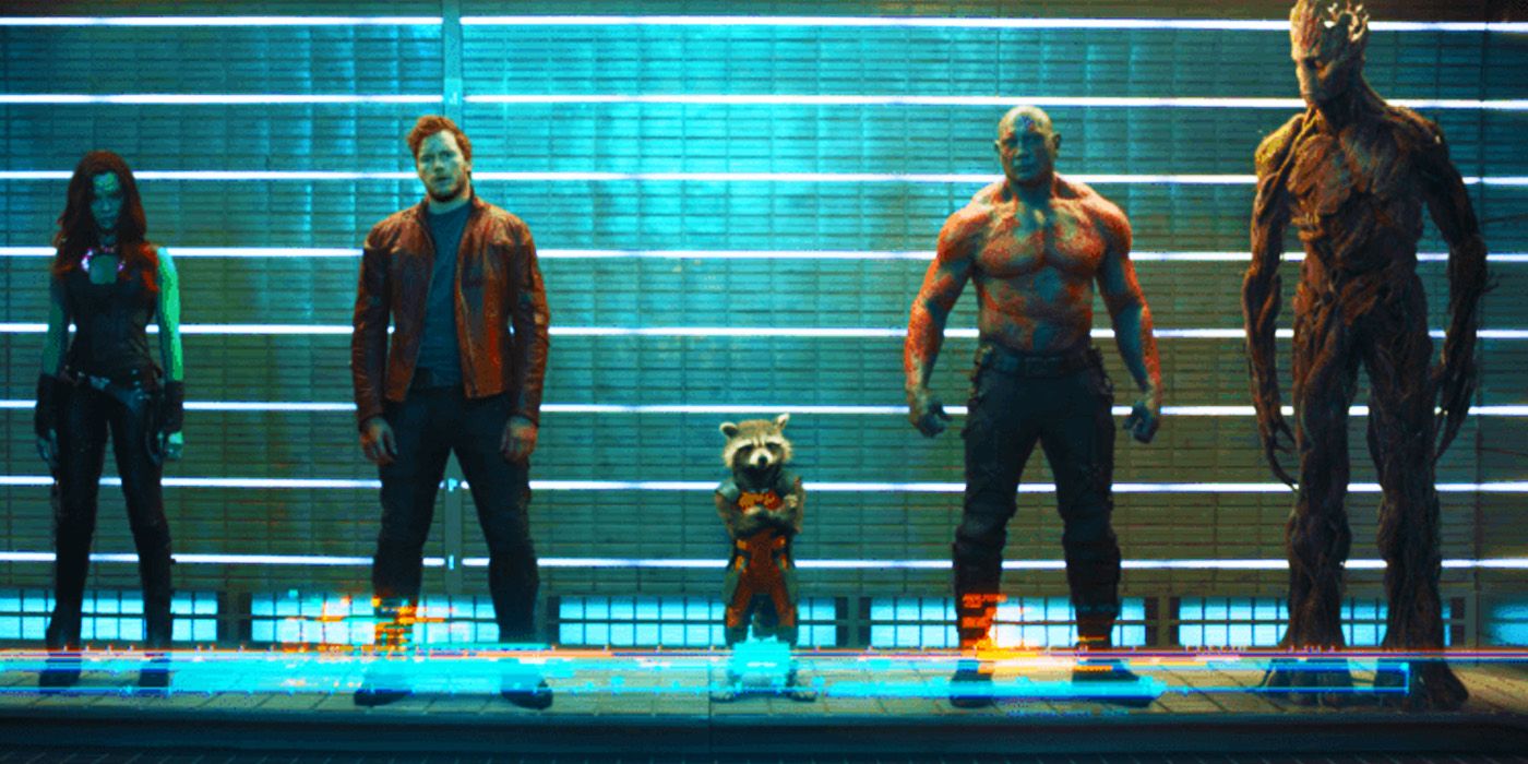Gamora, Peter Quill, Rocket, Drax and Groot lined up in Guardians of the Galaxy