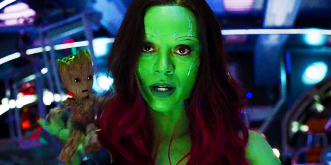 Gamora with Baby Groot on her shoulder in Guardians of the Galaxy Vol. 2