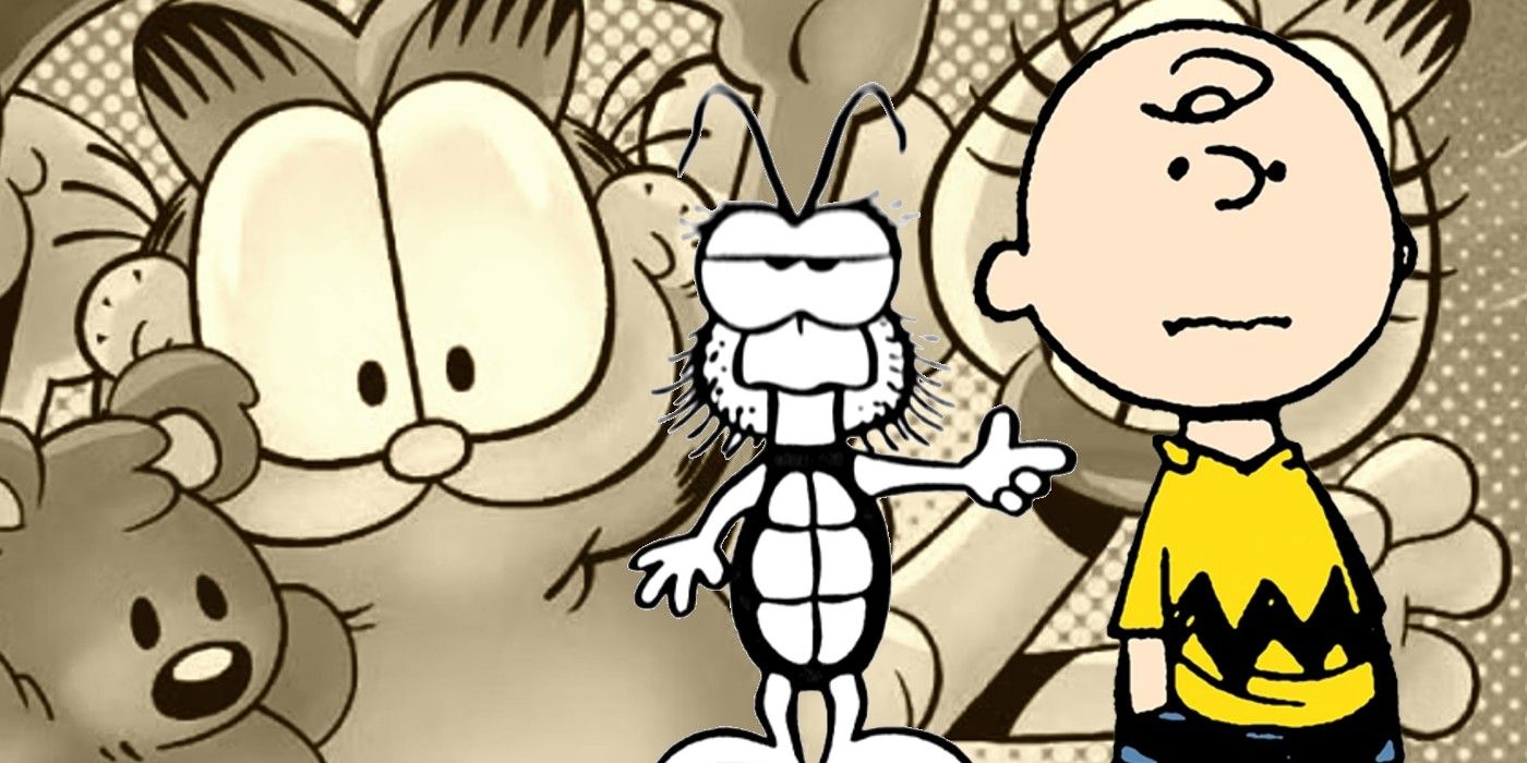 Gnorm Gnat points at Charlie Brown as Garfield is seen in the background.