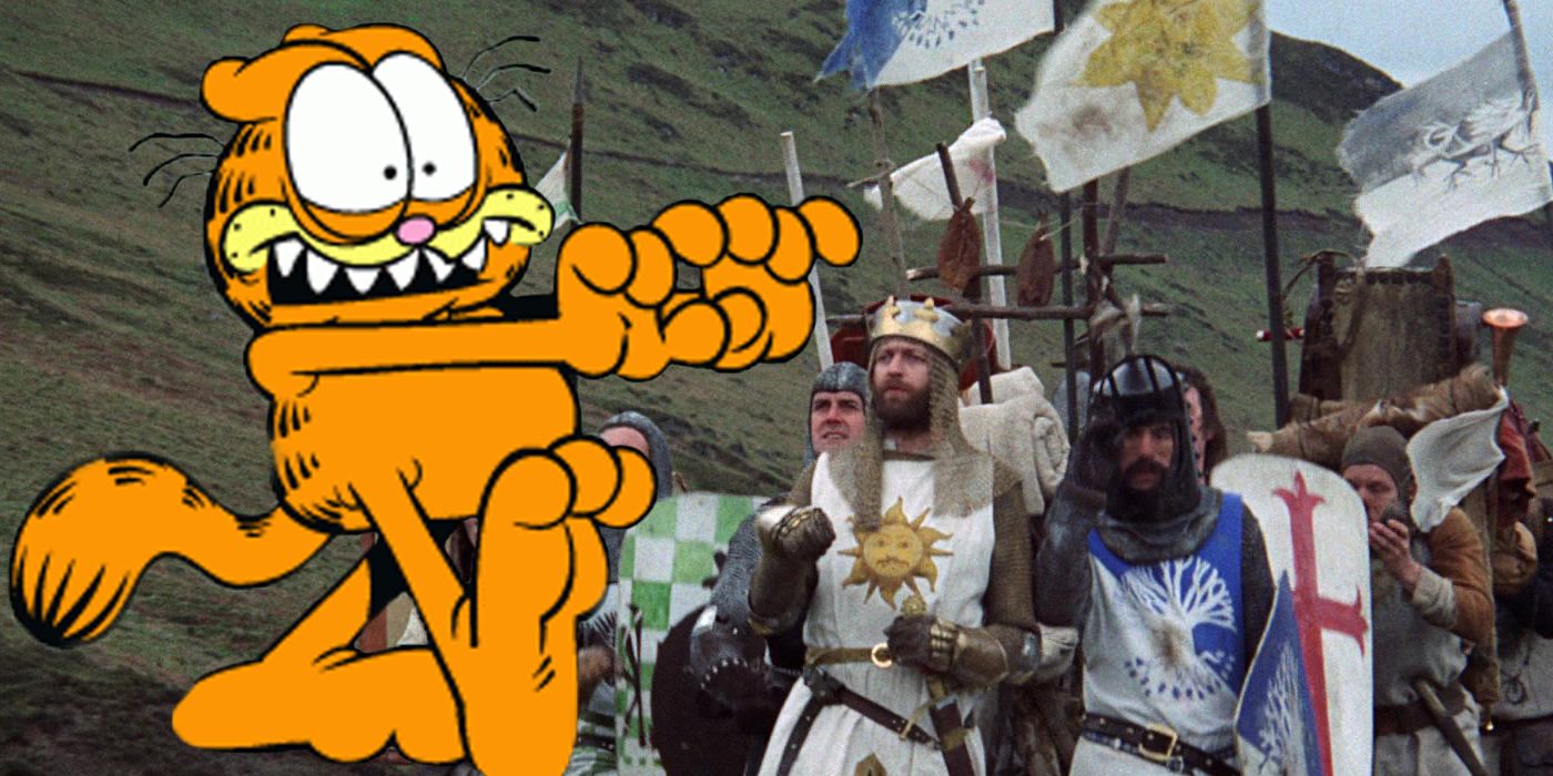 Garfield does a silly, zombie-like walk over a screencap from Monty Python and the Holy Grail.