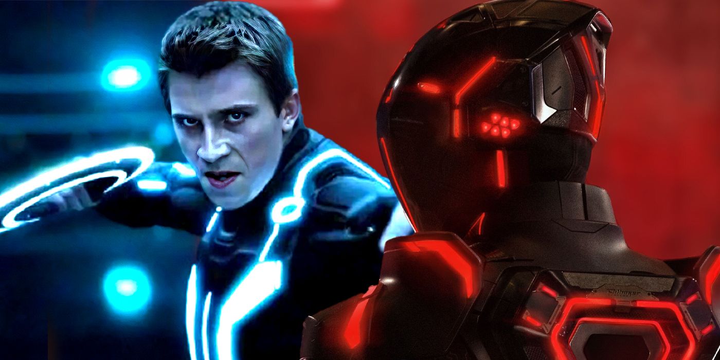 Garrett Hedlund as Sam holding a disc and Jared Leto as Ares in Tron Ares header