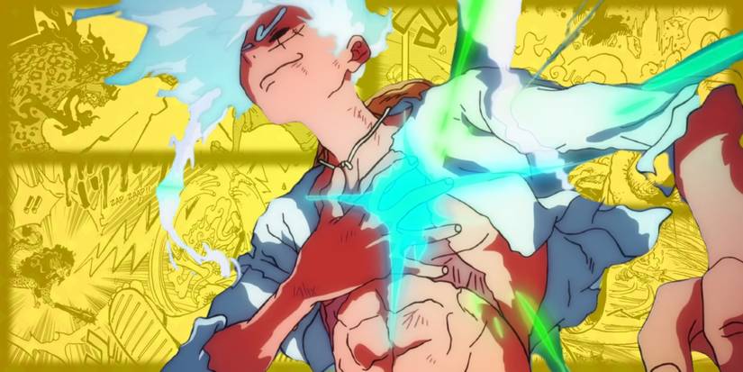 Luffy in his Gear 5 form standing in front of panels of his battles