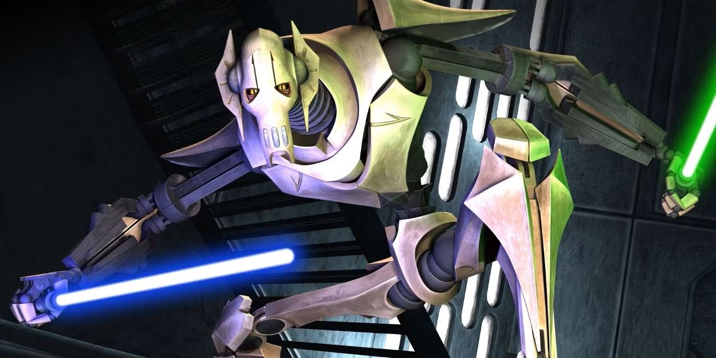 General Grievous empunhando sabres de luz azuis e verdes em Star Wars: The Clone Wars