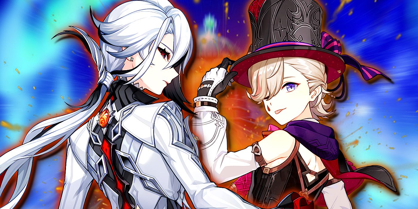 Genshin Impact's Arlecchino and Lyney are next to each other, looking back toward the viewer's direction.