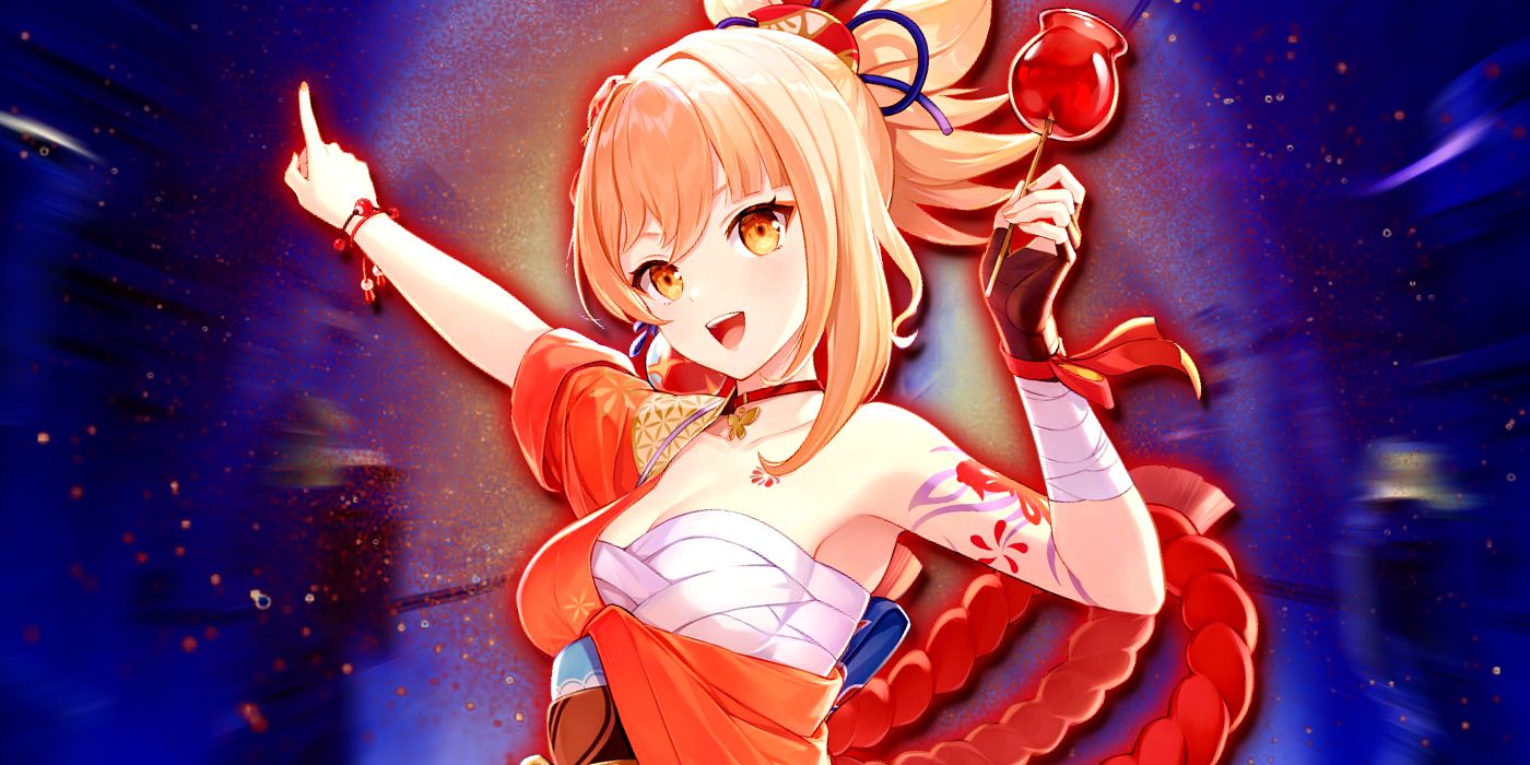 Genshin Impact's Yoimiya holds a candy apple in one hand and points with the other while smiling.