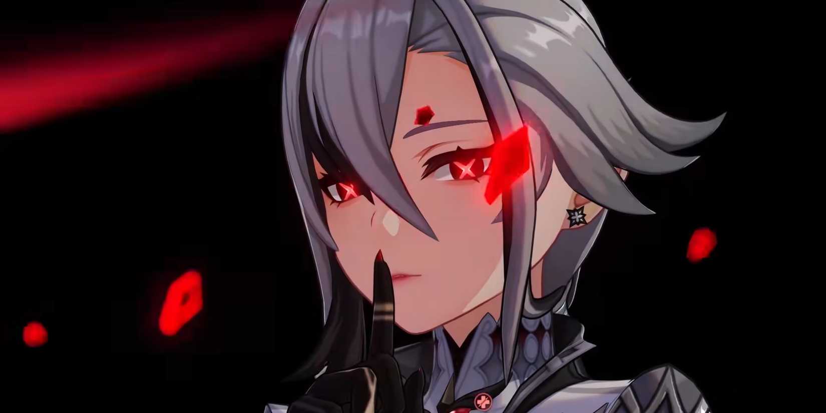 Genshin Impact's Arlecchino puts her finger in front of her lips, so as to ask the viewer to hush.