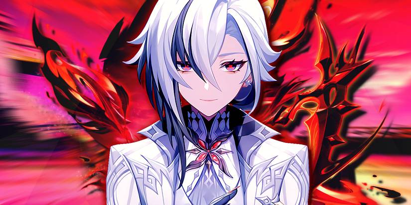 Genshin Impact's Arlecchino subtly smiles, with fiery effects behind her.