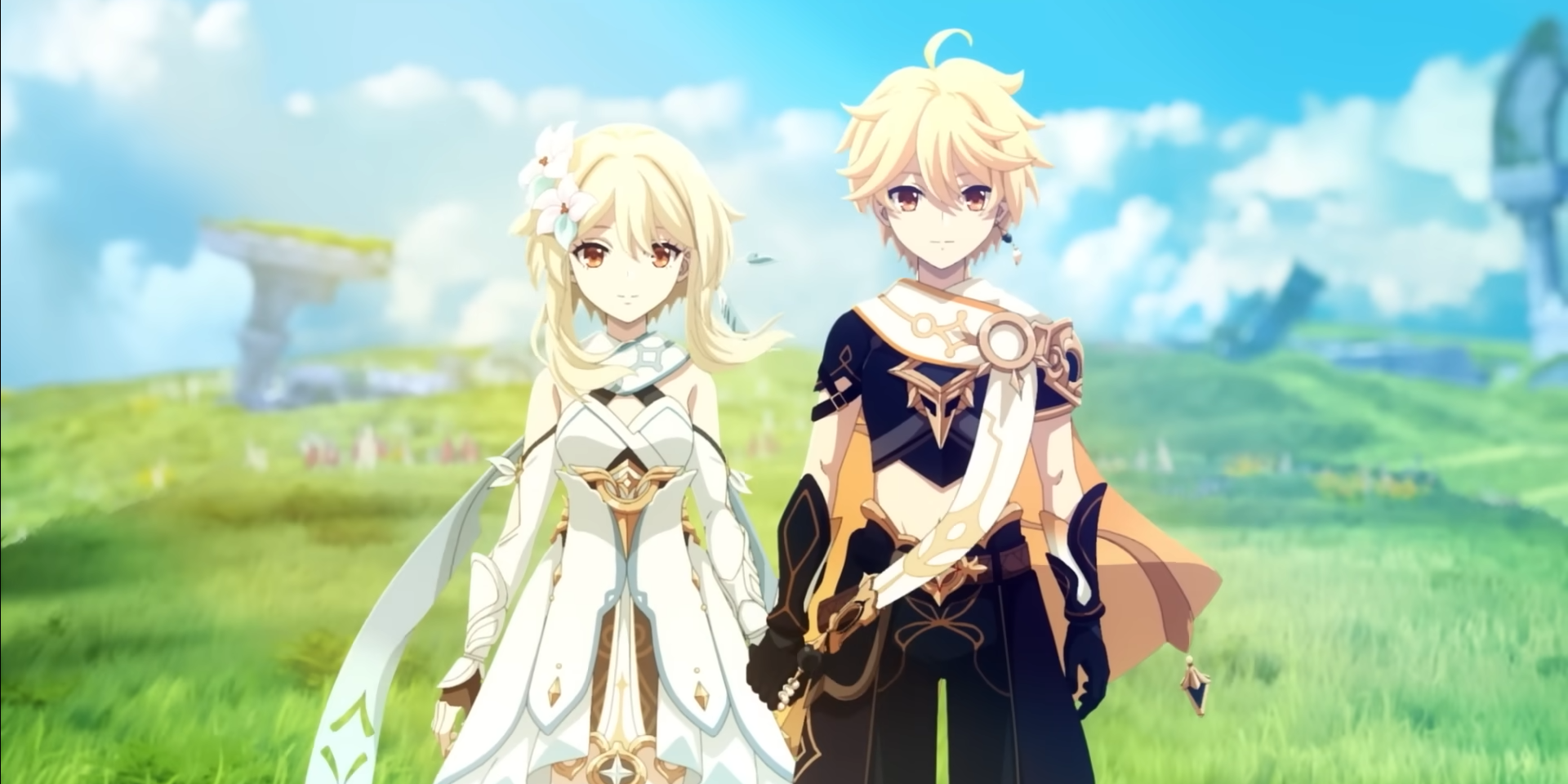 Aether and Lumine hold hands while standing in a windy green field, while looking towards the view. Short animation produced by ufotable in collaboration with HoYoverse.