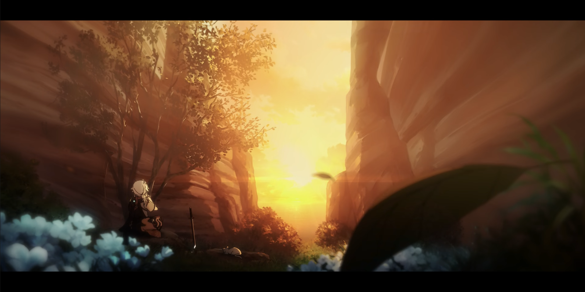 Image taken from Genshin Impact promotional video. Image depicts a valley at sunset, with Kazuha sitting in the distance, back turned to the camera.