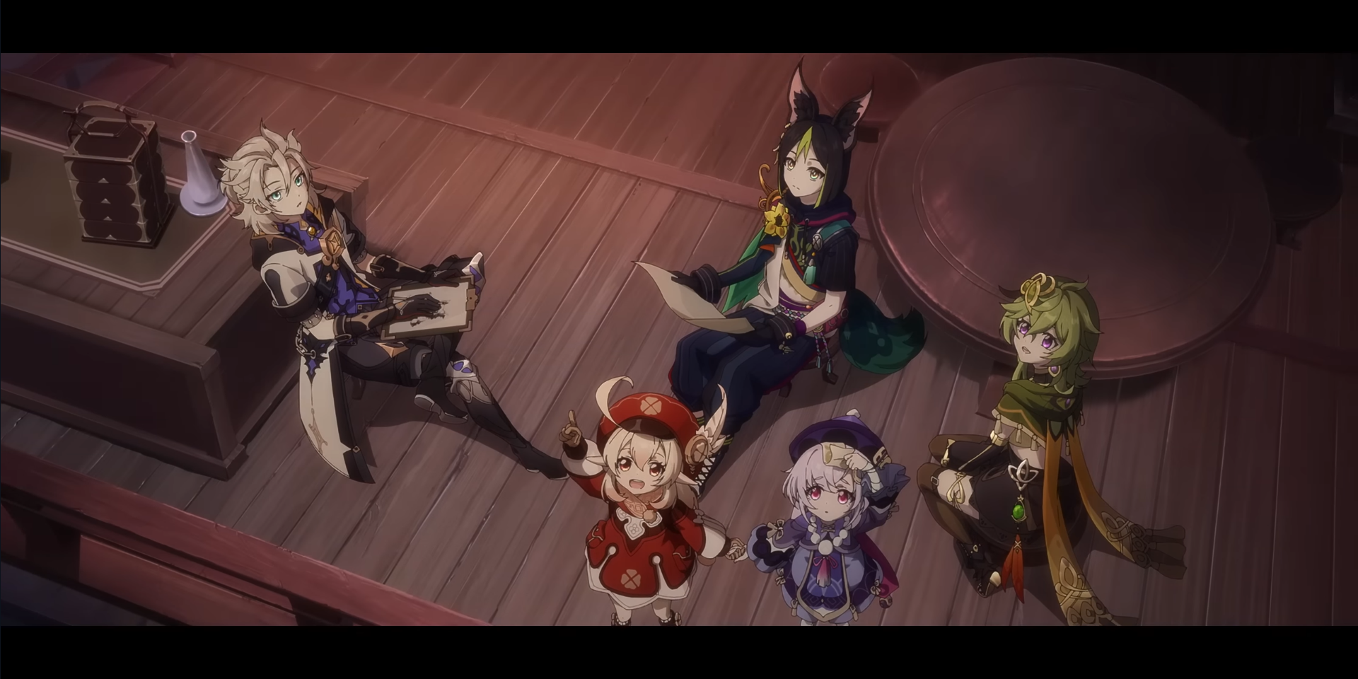 Image taken from Genshin Impact Promotional video, depicting Albedo, Tighnari, Klee, Qiqi, and Collei resting on a wooden veranda, while watching fireworks occurring off screen.