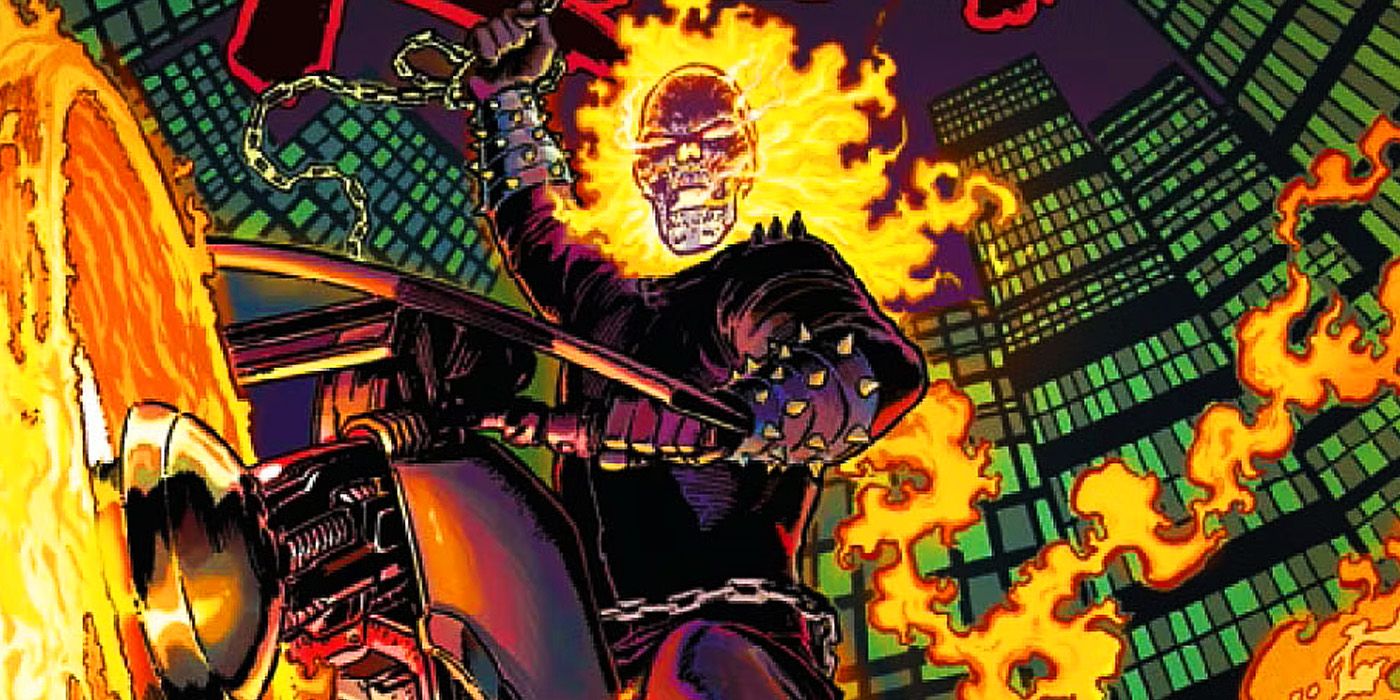 Ghost Rider on his flaming motorcycle in Marvel Comics