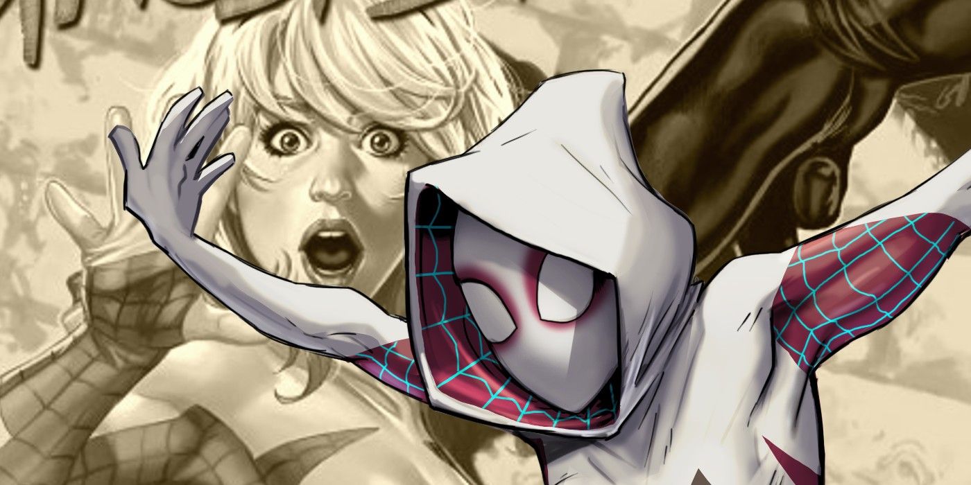 Ghost Spider superimposed over an image of a shocked Gwen Stacy