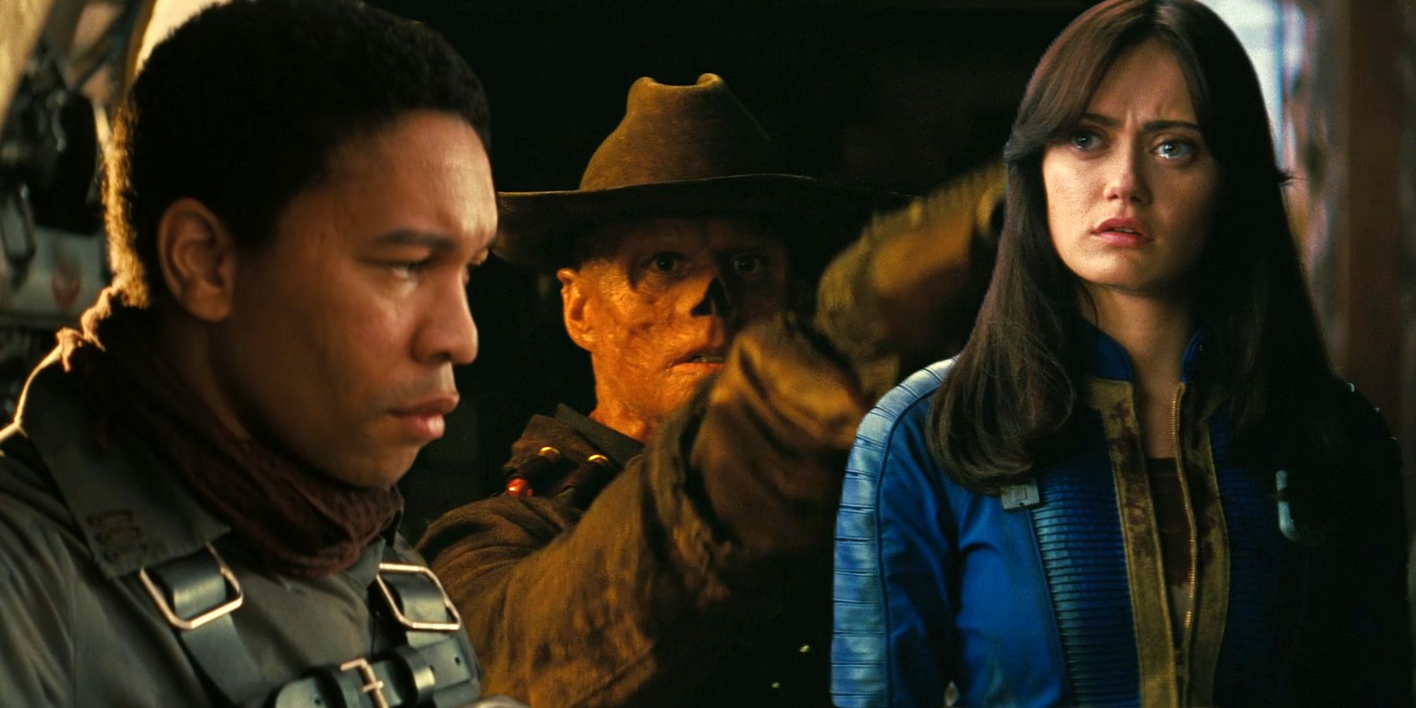 The Ghoul pointing his gun between Lucy crying and Maximus looking glum in Fallout season 1's ending