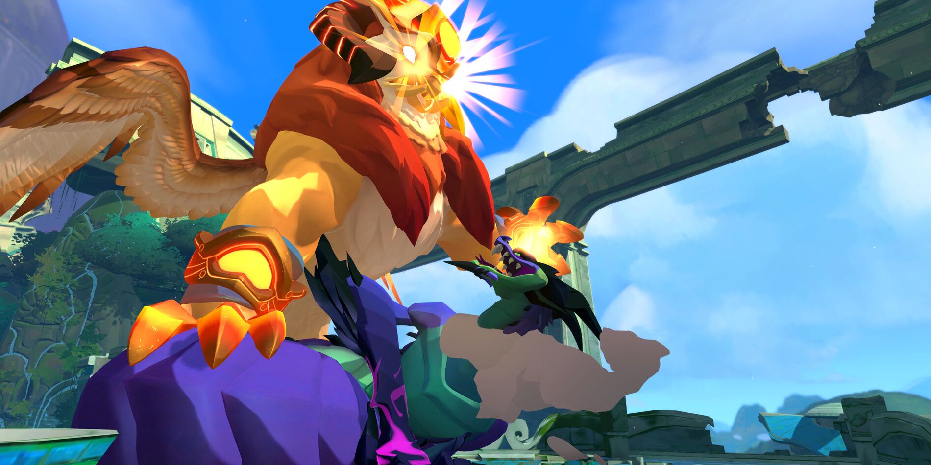 Screenshot shows the two Guardians from Gigantic Rampage Edition fighting. A large glowing griffin is holding down a huge purple and green reptile.