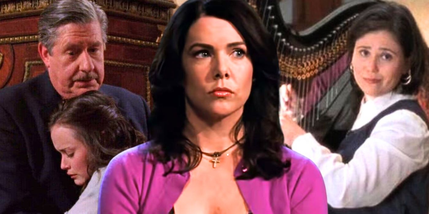 A collage image featuring Richard, Lorelai, and Drella from Gilmore Girls