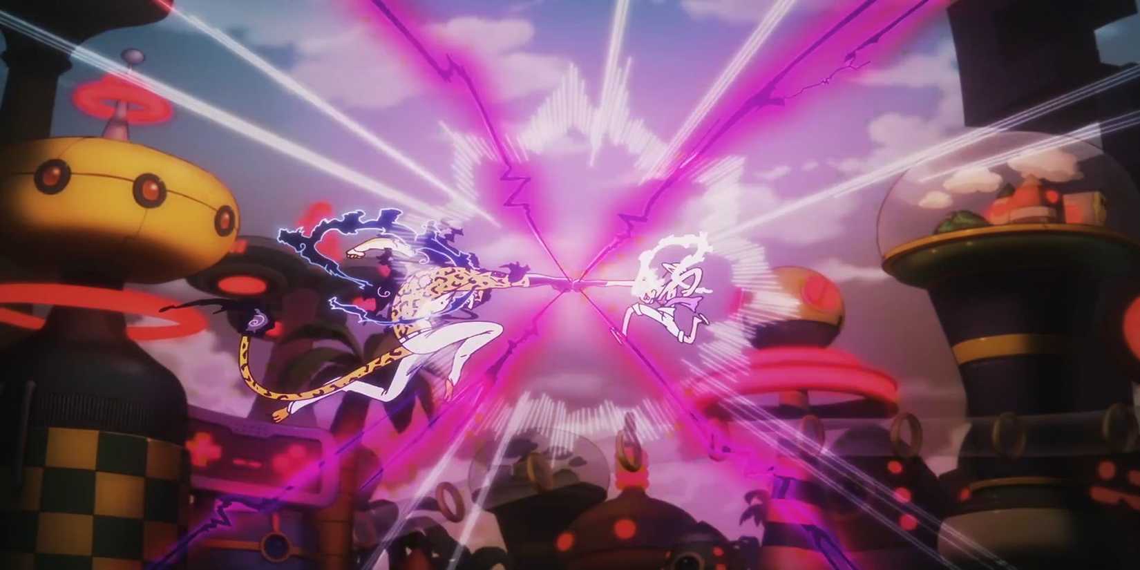 A vibrant anime-style illustration of a dynamic battle scene. Two characters are locked in combat, with bright pink energy beams connecting them. One character has leopard-like markings and is in a running pose, while the other appears to be smaller and lighter in color. The background features a fantastical cityscape with dome-like structures, creating a surreal and energetic atmosphere. The overall style is highly stylized and action-packed.