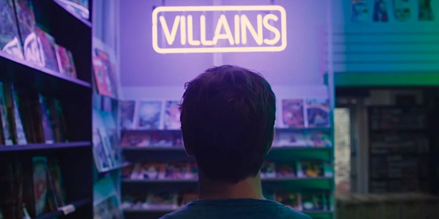 David Dunn's son looking at the Villains section of a comic shop in Glass