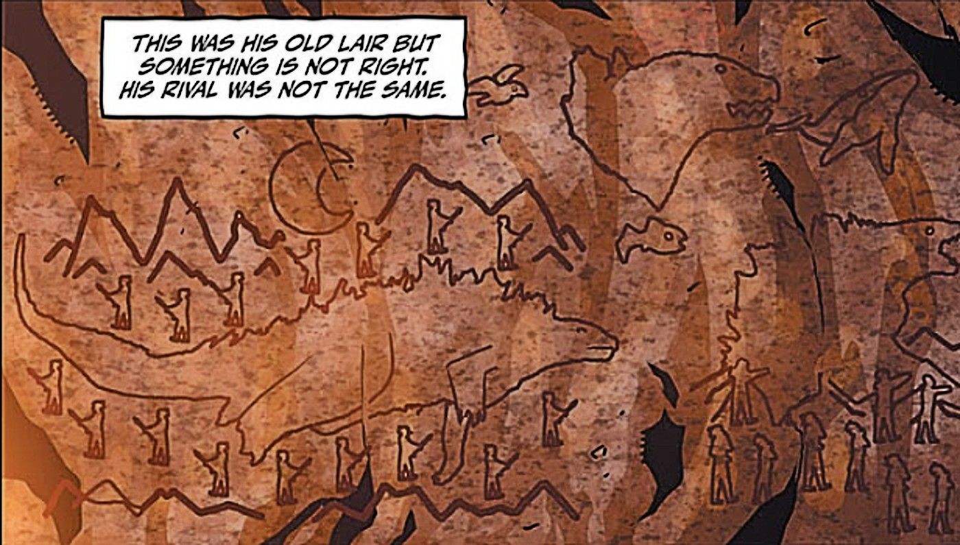 Godzilla Dominion, cave painting depicting early humans interacts with kaijus