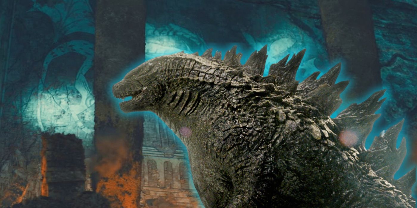 Godzilla over an image of the ruins of the underwater city in Godzilla King of the Monsters movie