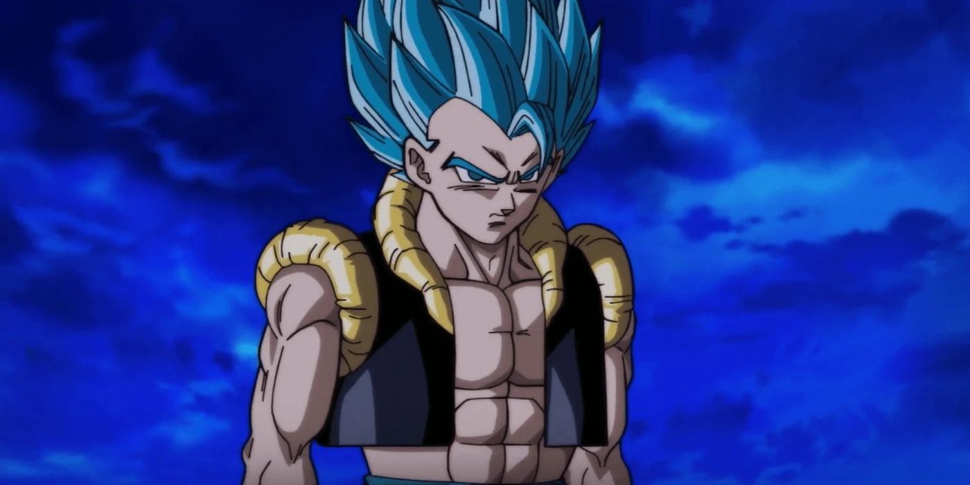 Gogeta in his Super Saiyan Blue form looking menacing