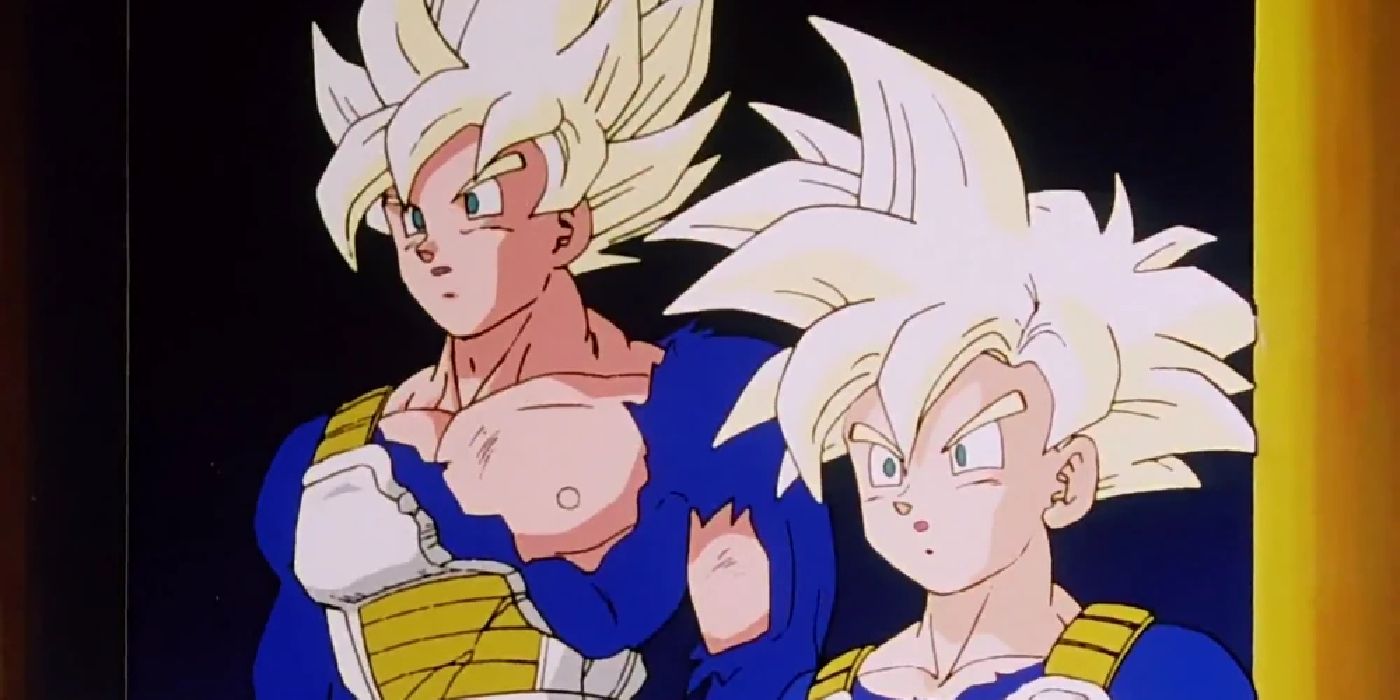 A battle damaged Goku and Gohan in Super Saiyan Full Power form in Dragon Ball Z.