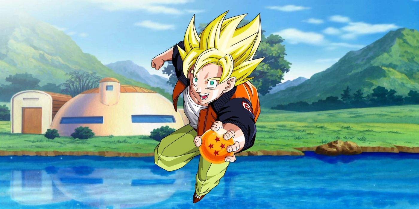 Goku flying in front of his house wearing his Cell Saga outfit