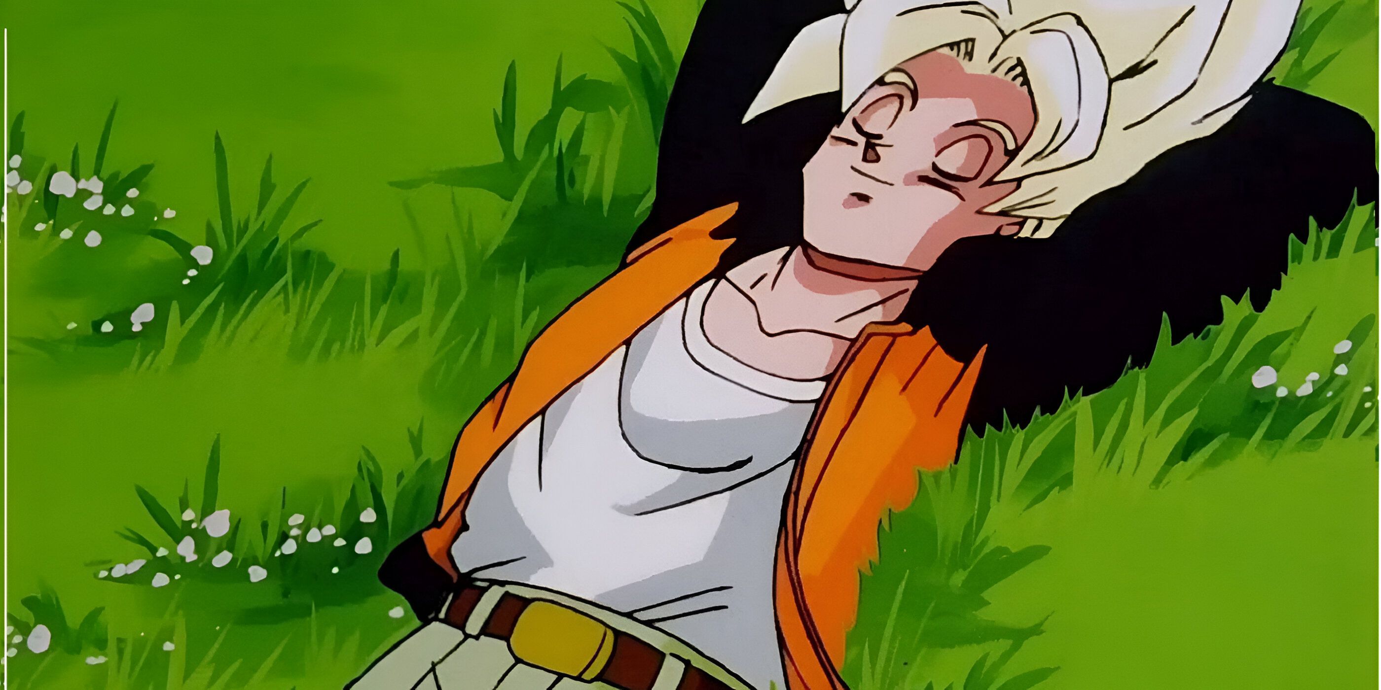 Goku descansando em uma cama de grama na saga celular Dragon Ball