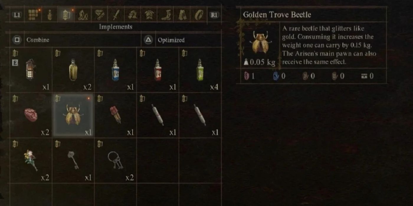 Golden Trove Beetle no inventário do jogador em Dragon's Dogma 2.