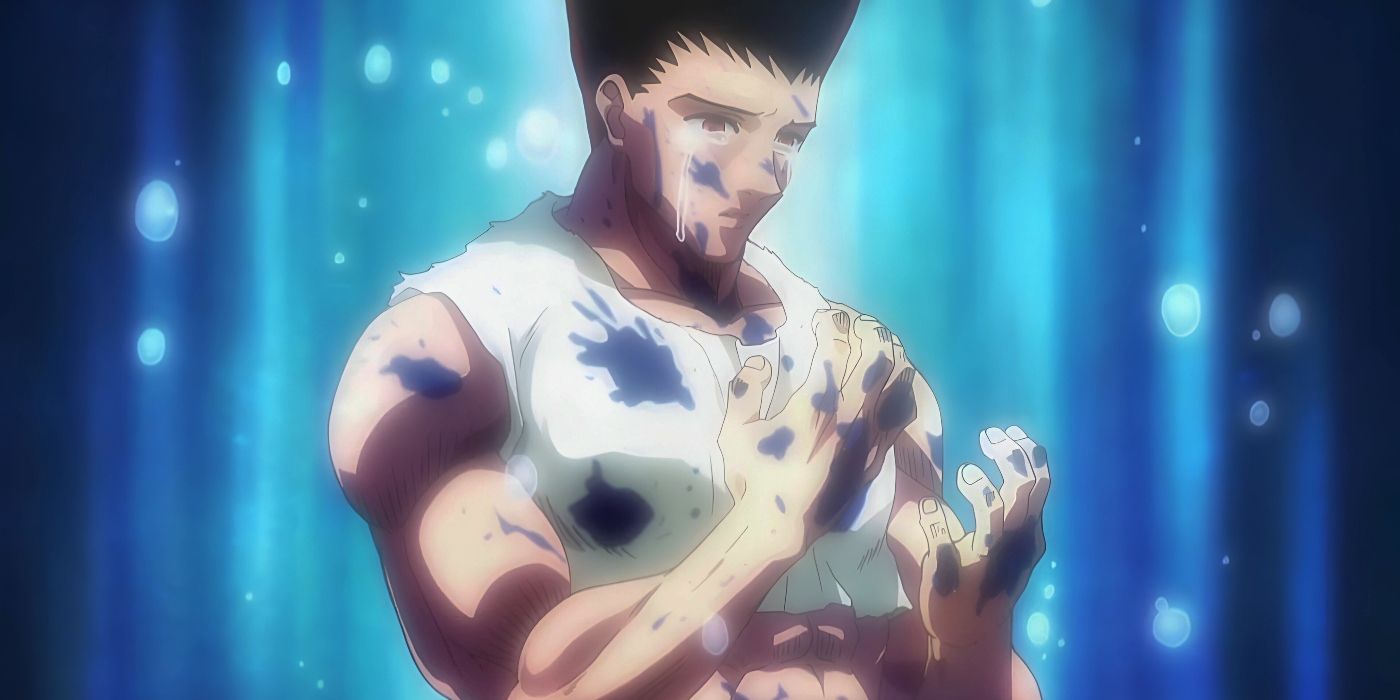 Gon uses a Nen contract to transform into his adult form and cries over Kite's death after killing Neferpitou in Hunter x Hunter.