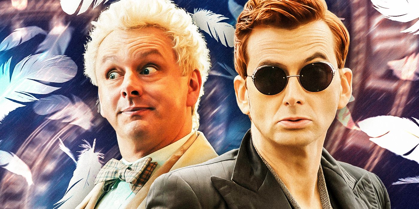 Good Omens Aziraphale and Crowley with feathers floating in the background
